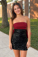 Burgundy Sheath Strapless Sequined Bow Mini Party Dresses | KISSPROM