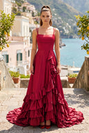 Burgundy Spaghetti Straps A Line Lace-Up Ruffle Tiered Prom Dress with Slit | KISSPROM