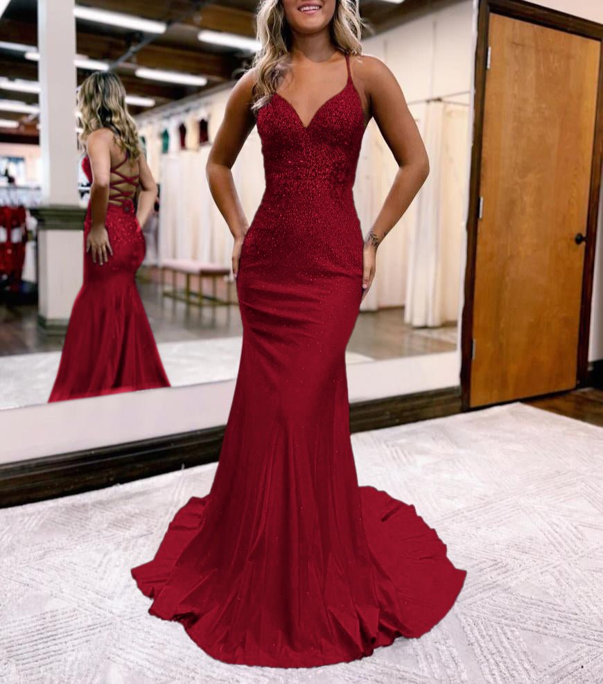 Mermaid Spaghetti Straps Corset Back Satin Prom Dress, Burgundy / Custom Size Mermaid Spaghetti Straps Corset Back Satin Prom Dress, Burgundy / Custom Size