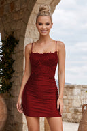 Burgundy Spaghetti Straps Cross Back Bodycon Short Mini Homecoming Dresses (3) | KISSPROM