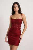 Burgundy Spaghetti Straps Cross Back Bodycon Short Mini Homecoming Dresses | KISSPROM