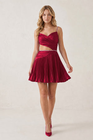 Burgundy Spaghetti Straps Cut-Out Pleated A-Line Satin Homecoming Dress with Beading | KISSPROM
