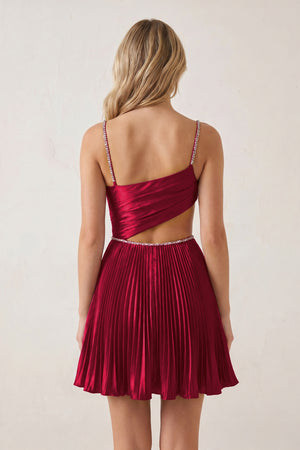Burgundy Spaghetti Straps Cut-Out Pleated A-Line Satin Homecoming Dress with Beading | KISSPROM