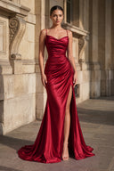 Burgundy Spaghetti Straps Mermaid Satin Slit Prom Dresses | KISSPROM