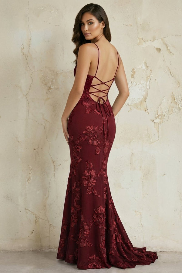 Burgundy Spaghetti Straps Mermaid Tulle Long Formal Dress With Appliques (2) | KISSPROM