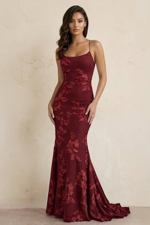 Burgundy Spaghetti Straps Mermaid Tulle Long Formal Dress With Appliques | KISSPROM