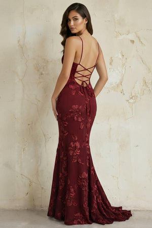 KissProm-Burgundy Spaghetti Straps Mermaid Tulle Long Prom Dresses With Appliques