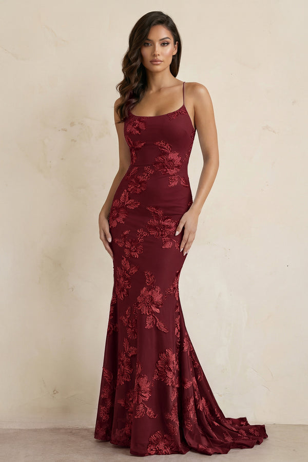 KissProm-Burgundy Spaghetti Straps Mermaid Tulle Long Prom Dresses With Appliques
