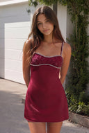 Burgundy Spaghetti Straps Satin Sheath Homecoming Dress With Rhinestones | KISSPROM