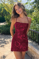 Burgundy Spaghetti Straps Sequin Embroidery Sheath Homecoming Dress | KISSPROM