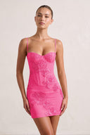 Hot Pink Spaghetti Straps Sheath Homecoming Dress With Floral Embroidery | KISSPROM