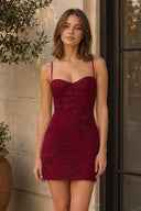 Burgundy Spaghetti Straps Sheath Homecoming Dress With Floral Embroidery - KISSPROM