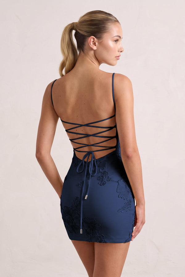 Navy Blue Spaghetti Straps Sheath Homecoming Dress With Floral Embroidery | KISSPROM