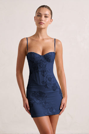 Navy Blue Spaghetti Straps Sheath Homecoming Dress With Floral Embroidery | KISSPROM