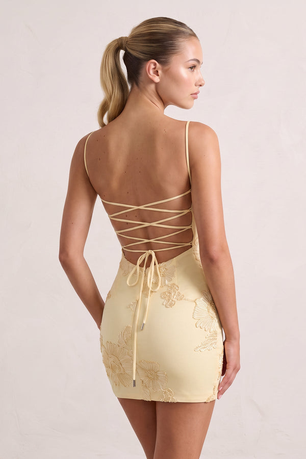 Yellow Spaghetti Straps Sheath Homecoming Dress With Floral Embroidery | KISSPROM