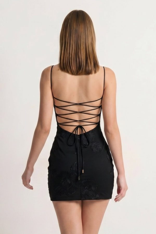 Black Spaghetti Straps Sheath Homecoming Dress With Floral Embroidery - KISSPROM