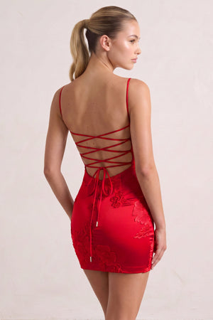 Red Spaghetti Straps Sheath Homecoming Dress With Floral Embroidery | KISSPROM