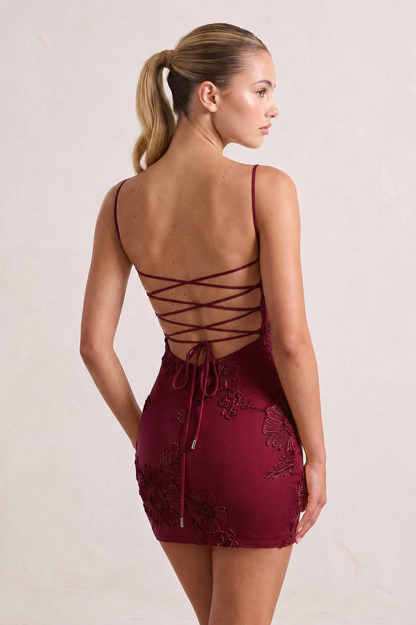 Burgundy Spaghetti Straps Sheath Homecoming Dress With Floral Embroidery | KISSPROM