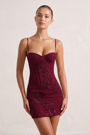 Burgundy Spaghetti Straps Sheath Homecoming Dress With Floral Embroidery | KISSPROM