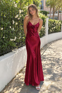 Burgundy Spaghetti Straps Sheath Satin Backless Long Formal Prom Dresses With Flower | KISSPROM
