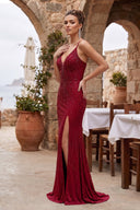 Burgundy Spaghetti Straps Sheath Satin Beaded Long Party Dress With Slit | KISSPROM
