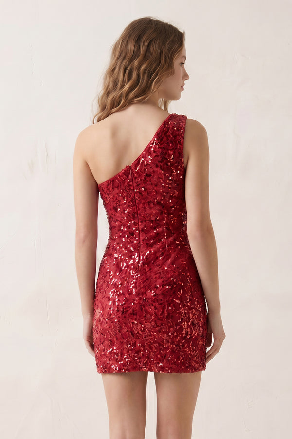 Burgundy Bodycon One Shoulder Sequins Mini Party Dresses - KISSPROM