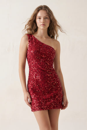 Burgundy Bodycon One Shoulder Sequins Mini Party Dresses - KISSPROM
