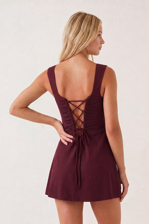 Burgundy Square Neck A-Line Satin Homecoming Dress With Lace-Up Back | KISSPROM