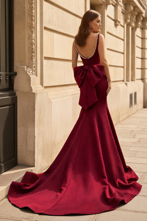 KissProm-Burgundy Square Neck Mermaid Satin Long Prom Dresses With Pearls