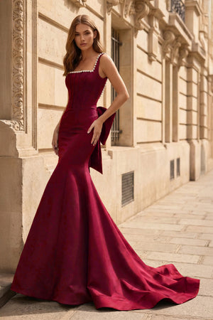 KissProm-Burgundy Square Neck Mermaid Satin Long Prom Dresses With Pearls