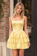 Yellow Square Neck Satin Corset Ruffled A-Line Homecoming Dress | KISSPROM