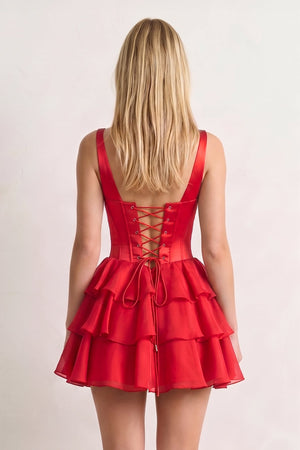 Red Square Neck Satin Corset Ruffled A-Line Homecoming Dress | KISSPROM