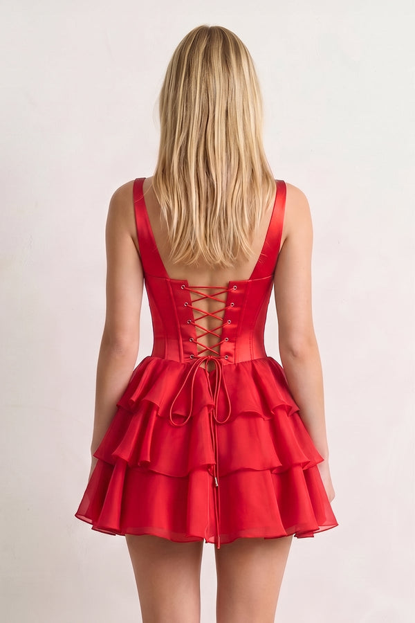 Red Square Neck Satin Corset Ruffled A-Line Homecoming Dress | KISSPROM