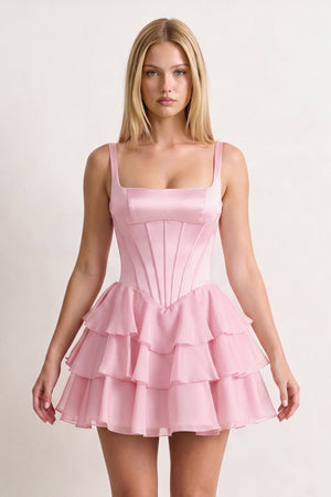 Pink Square Neck Satin Corset Ruffled A-Line Homecoming Dress | KISSPROM