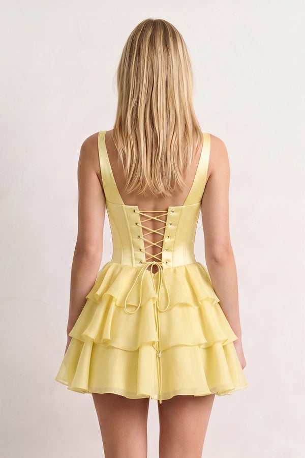 Yellow Square Neck Satin Corset Ruffled A-Line Homecoming Dress | KISSPROM