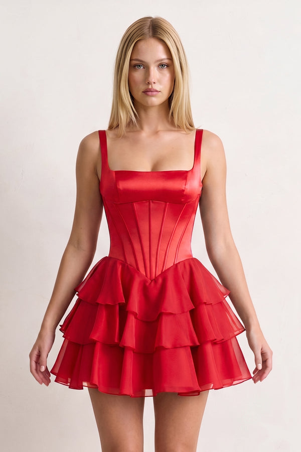 Red Square Neck Satin Corset Ruffled A-Line Homecoming Dress | KISSPROM