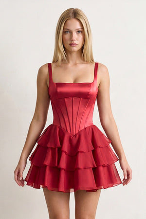 Burgundy Square Neck Satin Corset Ruffled A-Line Homecoming Dress - KissProm