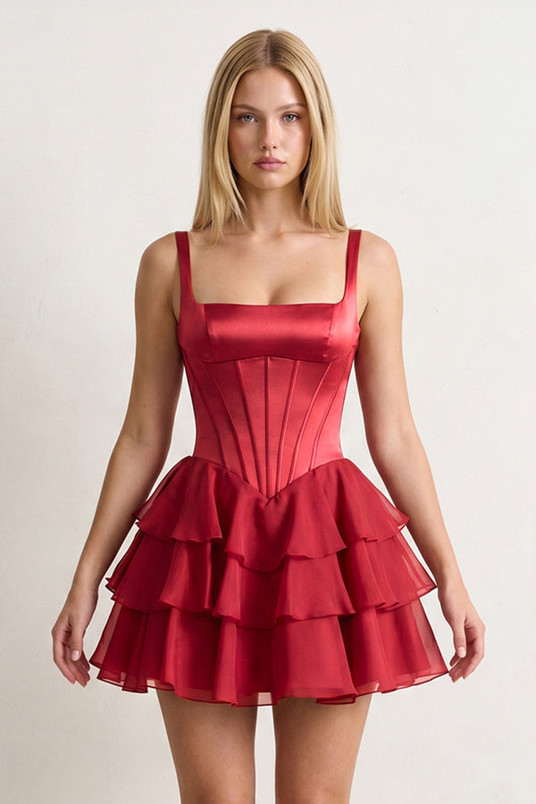 Burgundy Square Neck Satin Corset Ruffled A-Line Homecoming Dress - KissProm