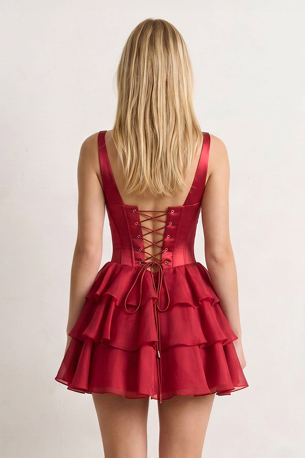 Burgundy Square Neck Satin Corset Ruffled A-Line Homecoming Dress - KissProm
