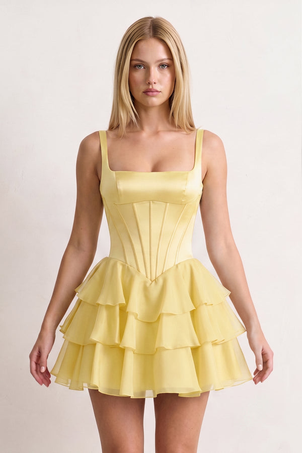 Yellow Square Neck Satin Corset Ruffled A-Line Homecoming Dress | KISSPROM