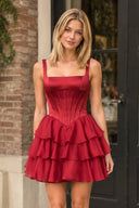 Burgundy Square Neck Satin Corset Ruffled A-Line Homecoming Dress - KissProm