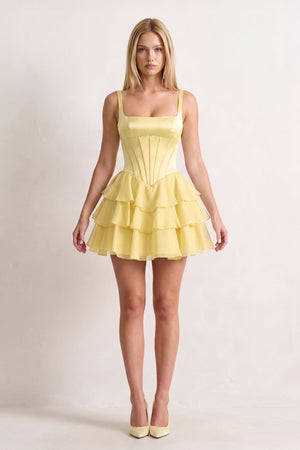 Yellow Square Neck Satin Corset Ruffled A-Line Homecoming Dress | KISSPROM