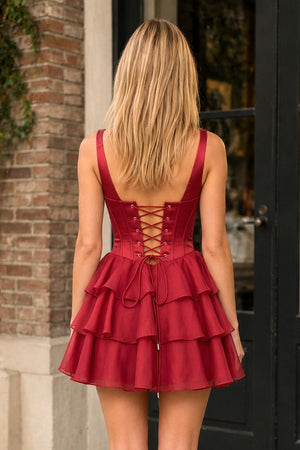 Burgundy Square Neck Satin Corset Ruffled A-Line Homecoming Dress - KissProm