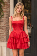 Red Square Neck Satin Corset Ruffled A-Line Homecoming Dress | KISSPROM