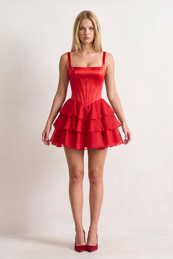 Red Square Neck Satin Corset Ruffled A-Line Homecoming Dress | KISSPROM
