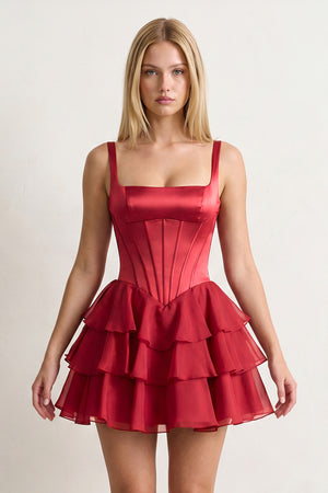 Burgundy Square Neck Satin Corset Ruffled A-Line Homecoming Dress - KissProm