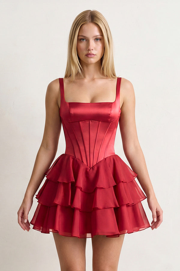 Burgundy Square Neck Satin Corset Ruffled A-Line Homecoming Dress - KissProm
