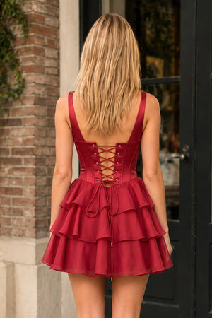 Burgundy Square Neck Satin Corset Ruffled A-Line Homecoming Dress - KissProm