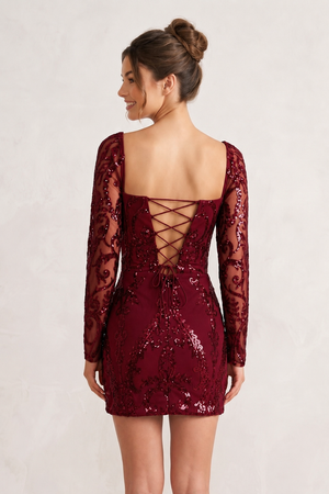 Burgundy Square Neck Sheath Long Sleeves Sequins Mini Homecoming Dresses | KISSPROM