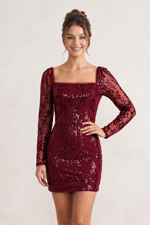 Burgundy Square Neck Sheath Long Sleeves Sequins Mini Homecoming Dresses | KISSPROM